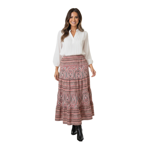 Chaps by Ralph Lauren Paisley Skirt Tiered Lined 100% Cotton Black Red Midi 12P - Picture 1 of 7